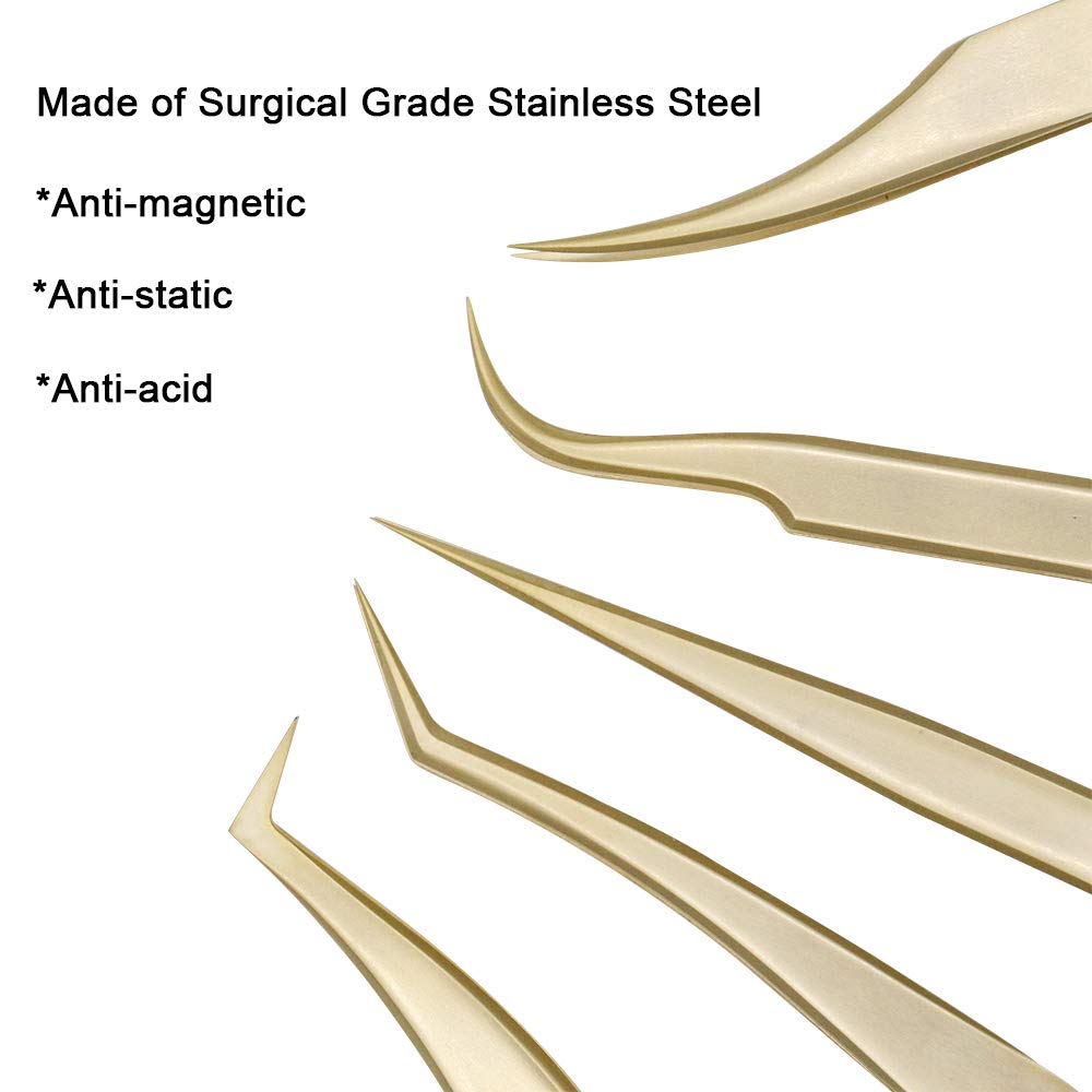 Ms.Queen Eyelash Extension Tweezers Set-Precision Tweezers for 2D-6D Volume&Individual False Lashes Extensions with PU Storage Case-Golden (Straight Tweezers/M003-5)
