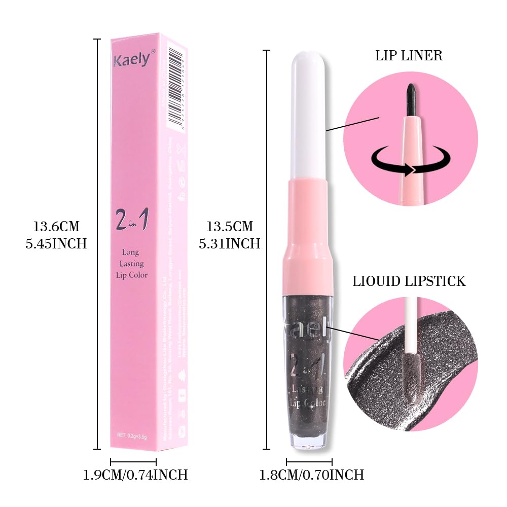 Kaely 2-in-1 Black Coal Metallic Lipstick and Lip Liner, Shimmer Liquid Metallic Lipsticks for Women, Glitter Lip Gloss Stain Long Lasting Waterproof Smudge Proof 24 Hour, Vegan Makeup, 17
