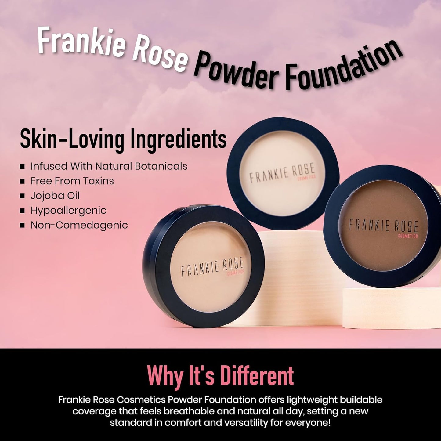Frankie Rose Cosmetics Powder Foundation – Full Coverage Face Powder For Pores & Imperfections, Evens Out Skin Tone & Shine-Control | 58 Grams (Silk)