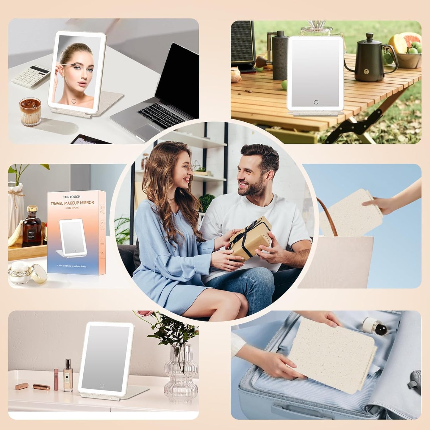 FUNTOUCH Rechargeable Travel Makeup Mirror with 72 Led Lights, Portable Lighted Makeup Mirror, 3 Color Lighting, Dimmable Touch Screen, Type C, Tabletop LED Folding Cosmetic Vanity Mirror
