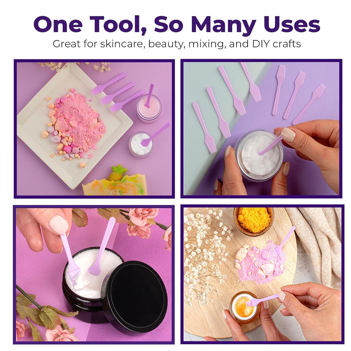 Mini Beauty Spatula (2.5", 500 Pack) - Small Beauty Spatulas for Creams, Cosmetics & Crafts | Moisturizer Applicator for Mixing, Cosmetic, Face Mask | Disposable Makeup Spoon | Purple