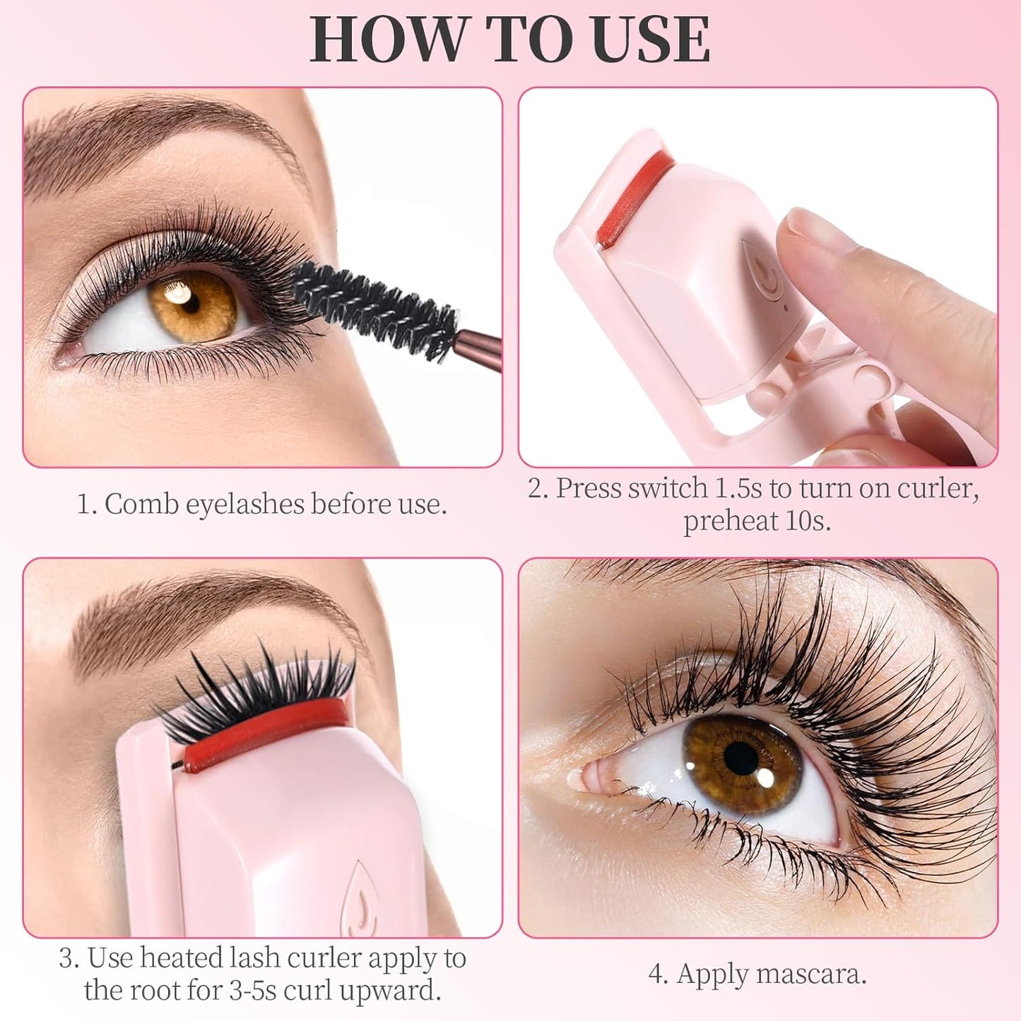 Heated Eyelash Curler, Rechargeable Electric Eyelash Curlers Fast Heat Up in 5s for 24 Hours Long Lasting, C-Shaped Safe Anti-Burn Quick Natural Eyelash Separator Tool Lash Comb (Pink)