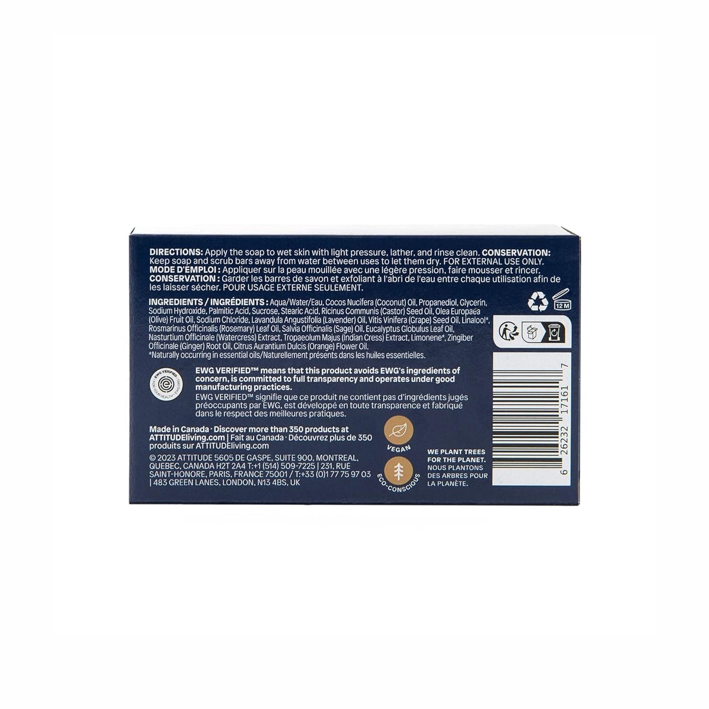 ATTITUDE Body Soap Bar, Natural Origin,Protects and Softens Dry Skin, Coconut & Olive Oils, For Men and Women, EWG verified & Vegan, Sage & Rosemary, 4 Oz