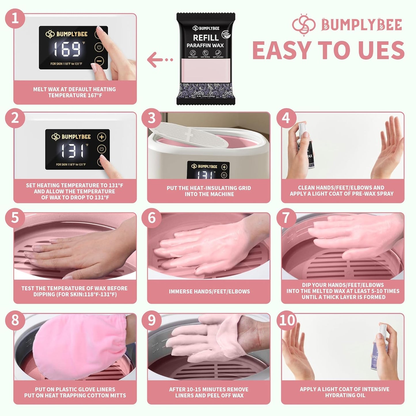 Paraffin Wax Kit - 10 Packs Peach Scent Refills With Silicone Brush for Hands and Feet - Skin Moisturizing, Non-Greasy, Easy-Peeling