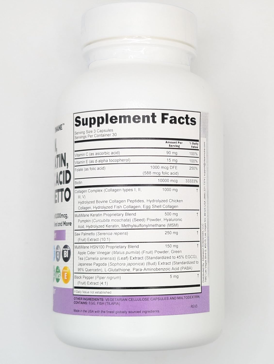 Clean Nutraceuticals Collagen Pills 1000mg Biotin 10000mcg Keratin Saw Palmetto Hyaluronic Acid - Hair Skin & Nails Vitamins & DHT Blocker with Vitamin E Folic Acid Pumpkin Seed MSM - 90 Count