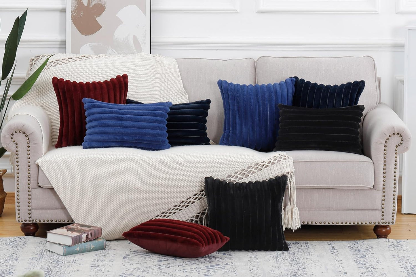 MADIZZ Set of 2 Faux Wool Plush Decorative Throw Pillow Covers 24x24 Inch Dark Blue Fluffy Striped Soft Decorative Cushion Cover for Sofa Bedroom Pillow Shell