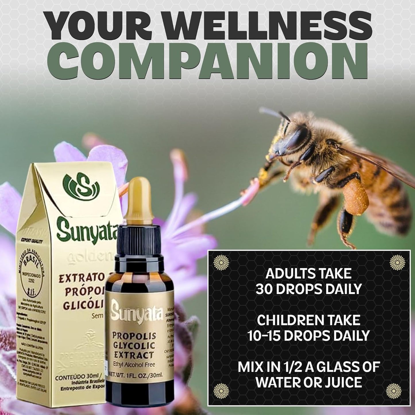 Brazil Brazillian Green Bee Propolis Liquid Extract Sunyata No Alcohol 30ML(1 Pack)