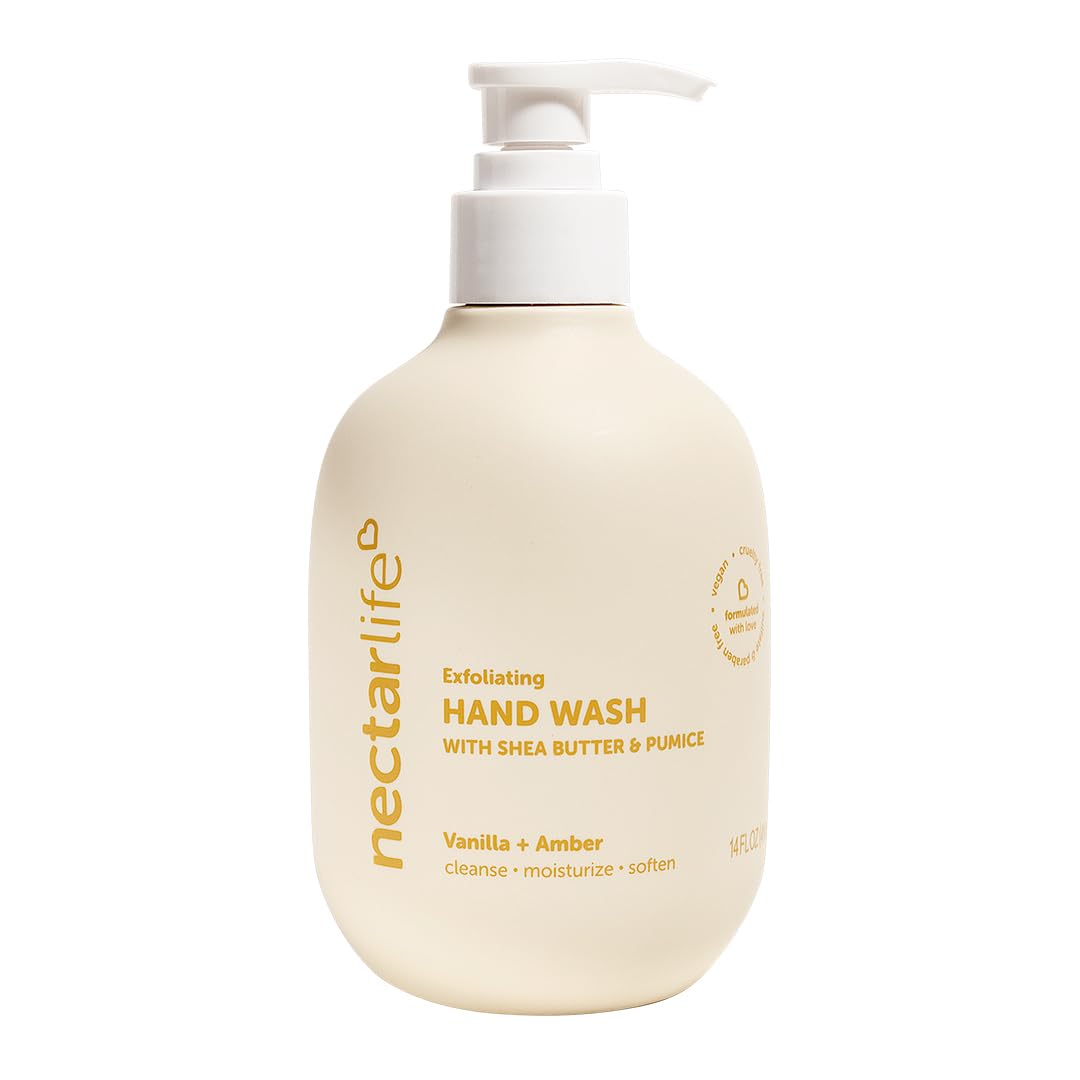 Nectar Life Exfoliating & Moisturizing Hand Wash, Volcanic Pumice for Hand Scrub, Shea Butter Softens Hands, Clean Vegan Ingredients, Vanilla Scent