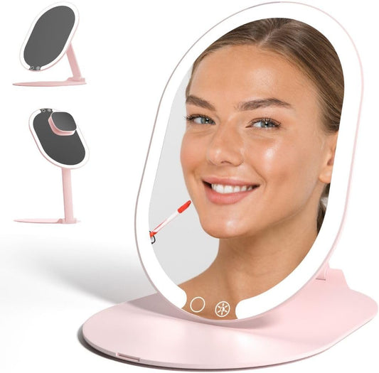 Fancii LED Rechargeable Portable Makeup Mirror with 3 Color Light Settings & 10x Magnetic Magnifying Mirror – Ultra Slim, Foldable Travel Vanity Mirror, 1500 mAh Battery, Height (Pink)