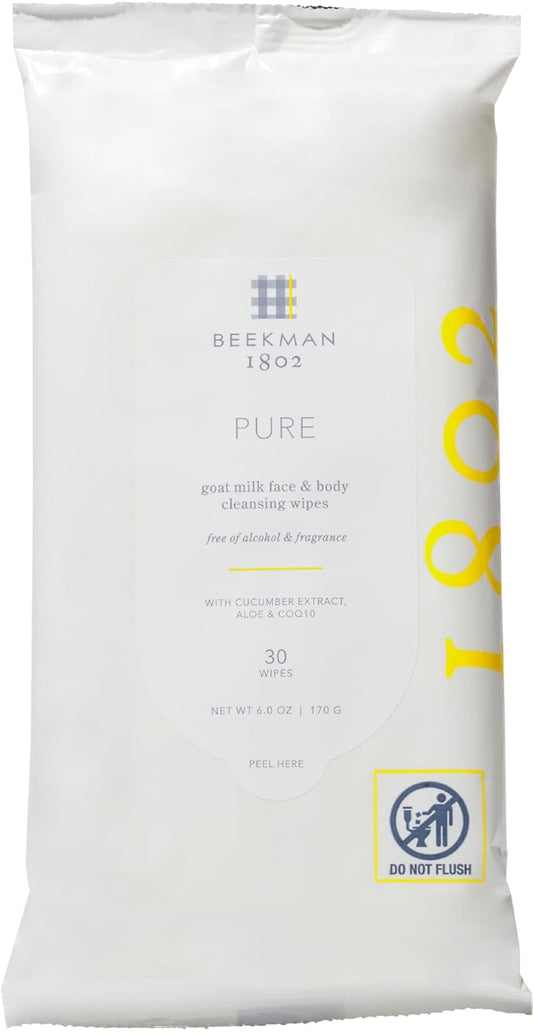 Beekman 1802 Face & Body Wipes - Fragrance Free, 30 Count, Cleanses Dirt & Makeup, With Goat Milk, Aloe & Vitamin E