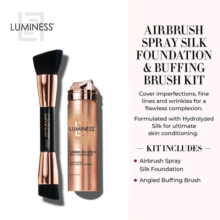 LUMINESS Silk Airbrush Spray Foundation & Buffing Brush Kit – Full Coverage Foundation & Dual-Sided Buffing Brush - Buildable Coverage, Anti-Aging Formula Hydrates & Moisturizes (Shade - Fair)