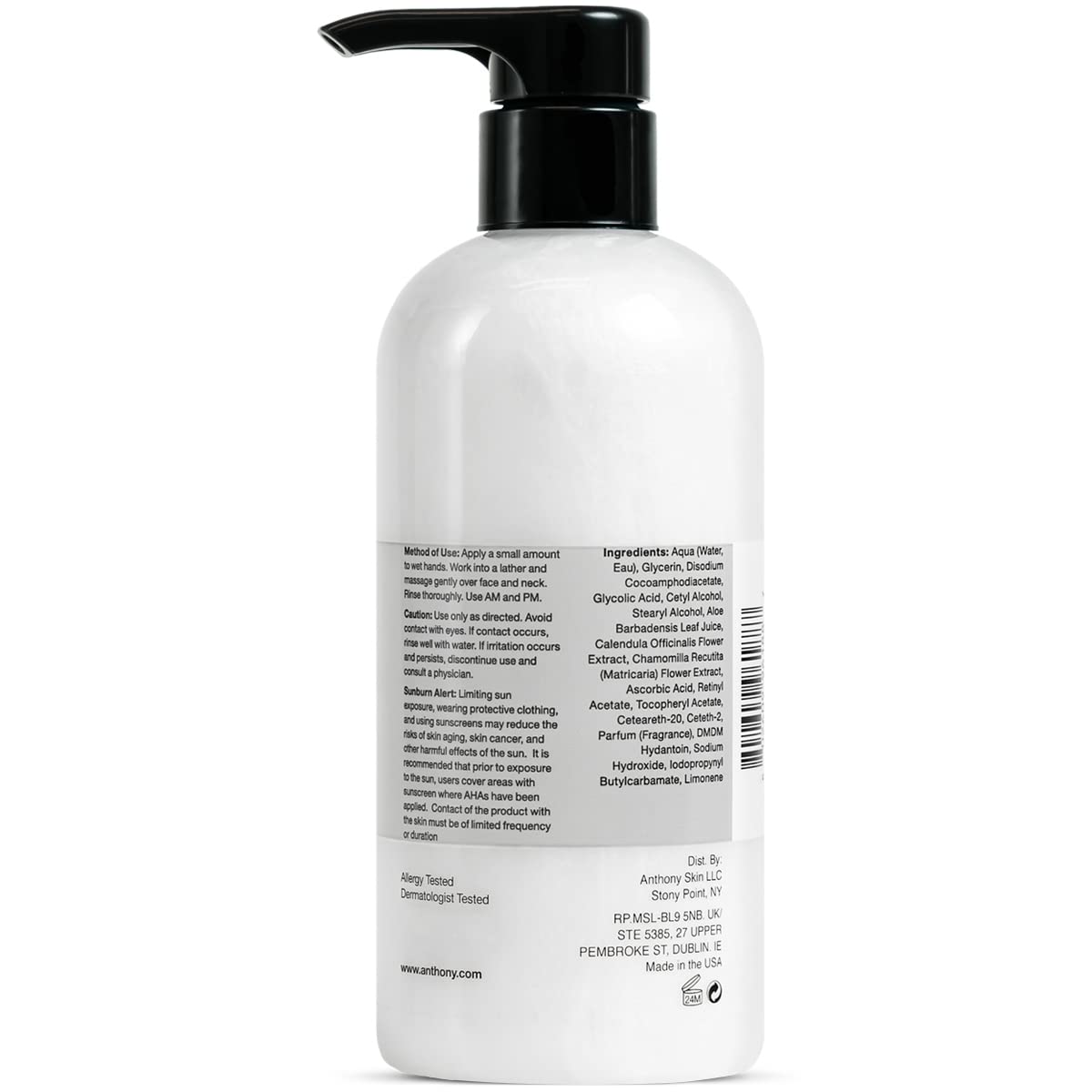 Anthony Glycolic Facial Cleanser for Men, Daily Exfoliating & Hydrating Face Wash, Shave Prep, Non-Foaming, Deep Cleansing, Gentle on Sensitive Skin, Removes Dirt & Oil, Smooths Texture, 16 Fl Oz