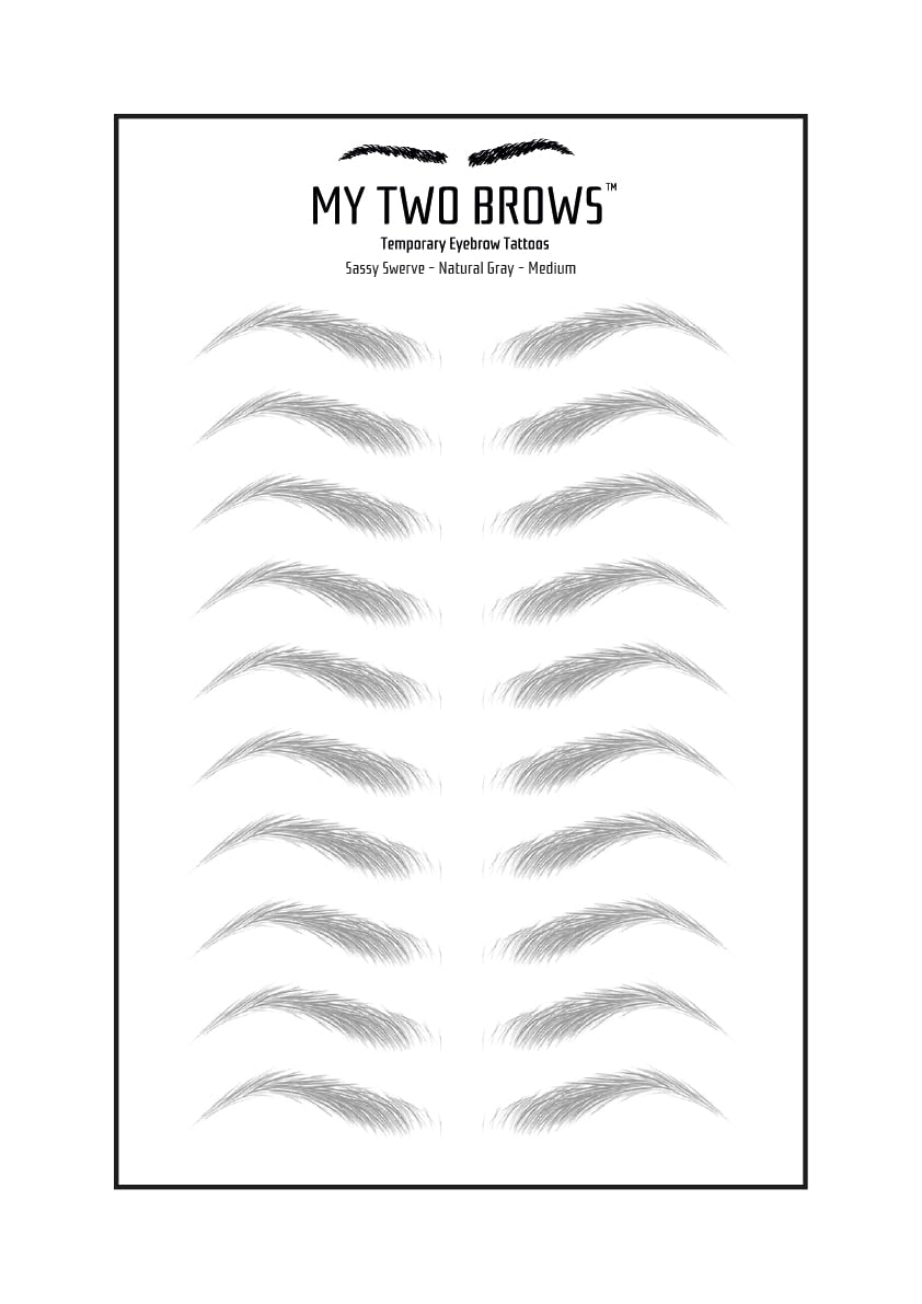 (10 pairs) Natural Gray Temporary Eyebrow Tattoo - Medium Size - Waterproof & Smudgeproof - Sassy Swerve Style Eyebrow Stickers - Sheet Lasts up to 30 Days - Won't Work on Existing Brows