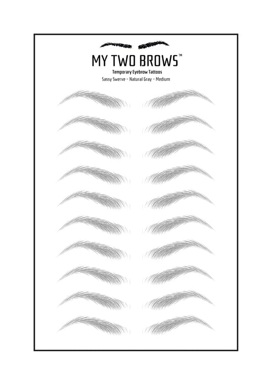 (10 pairs) Natural Gray Temporary Eyebrow Tattoo - Medium Size - Waterproof & Smudgeproof - Sassy Swerve Style Eyebrow Stickers - Sheet Lasts up to 30 Days - Won't Work on Existing Brows