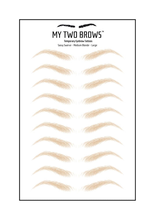 (10 pairs) Medium Blonde Temporary Eyebrow Tattoo - Large Size - Waterproof & Smudgeproof - Sassy Swerve Style Eyebrow Stickers - Sheet Lasts up to 30 Days - Won't Work on Existing Brows