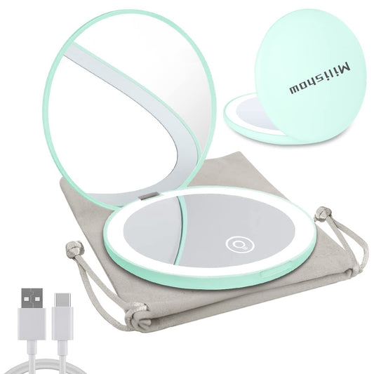 Compact Mirror with LED Light,1x/10x Magnifying Rechargeable Mirror,3.5in, Dimmable Travel Mirror for Purse,Pocket,Handheld 2-Sided Makeup Mirror