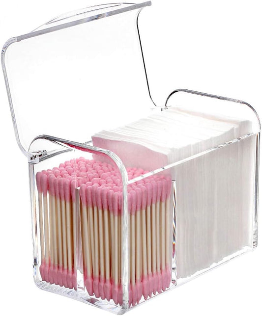 Sooyee Qtip Holder Dispenser for Cotton Ball, Swab, Round Pads, Floss,3 Compartment Plastic Apothecary Jars,Bathroom Organization ,Vanity Organizers and Storage,Clear