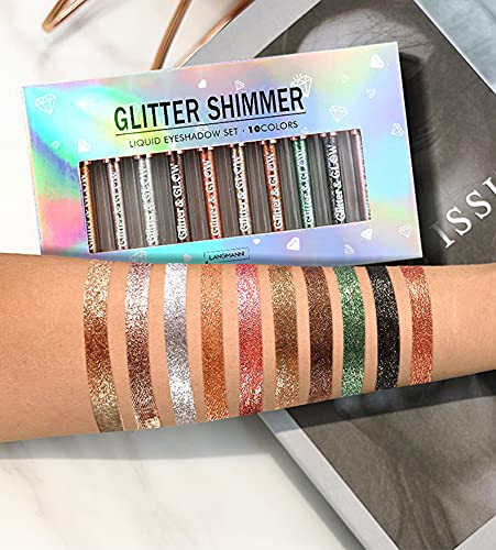 BestLand 10 Colors Liquid Glitter Eyeshadow Set, Metallic Glitter Shimmer Naked Smokey Eye Looks Waterproof Long Lasting Quick-Drying Sparkling Eye Shadow Christmas Makeup Kits