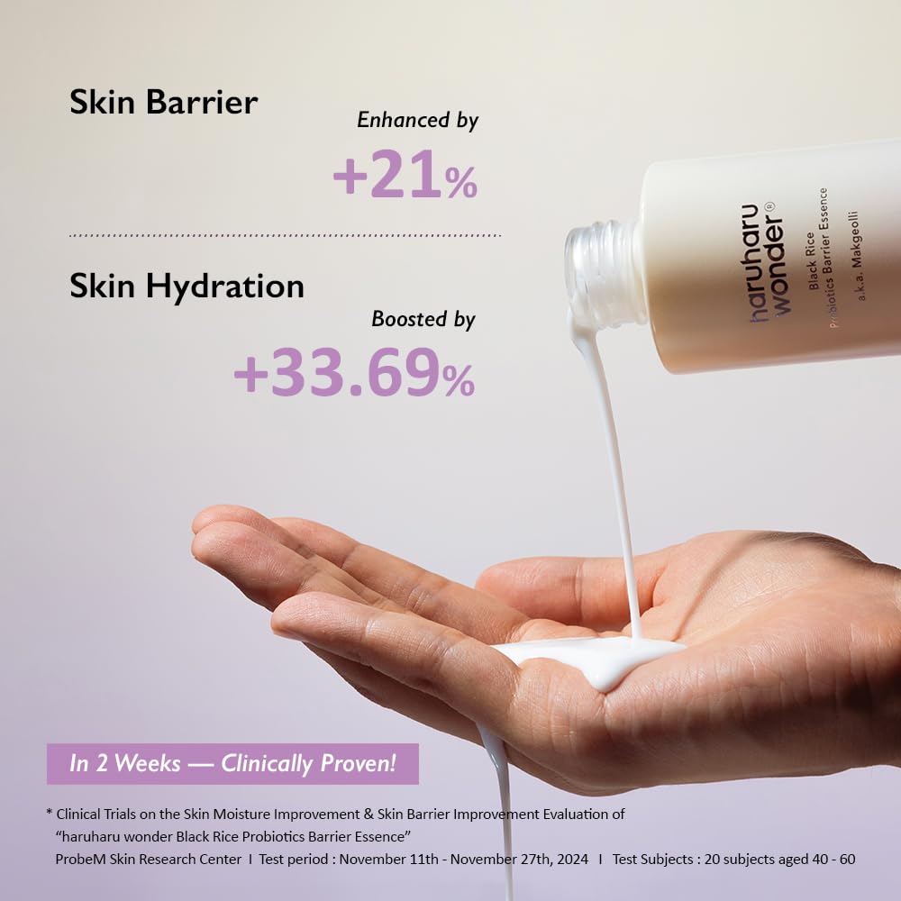 haruharu Wonder Black Rice Probiotics Barrier Essence 4.05 fl. oz., Essence Toner to Strengthen Skin Barrier with Ceramides, Fermented Ingredients, Milky Essence, Moisturizing, Plumping