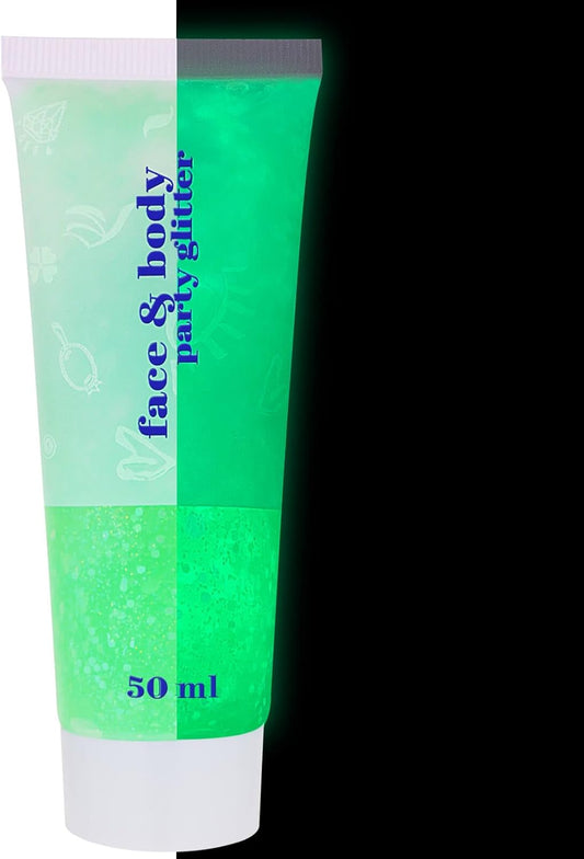 MEICOLY Neon Green Body Glitter Gel,UV Blacklight Chunky Face Glitter Gel,Glow in The Dark Glitter Paint,Singer Concert Music Festival Party Rave Accessories,Halloween Glitter Makeup for Women,50ml