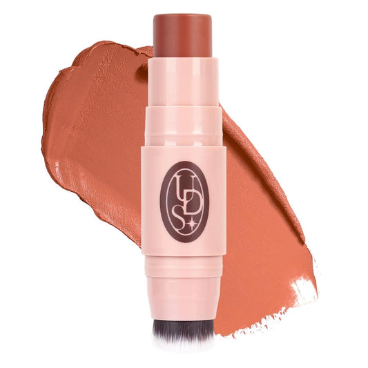 Multi-Use Waterproof Makeup Cream Blush Stick with Brush, Unidollss 3-in-1 Buildable Blush Stick for Cheeks, Eyes, and Lips, All day wear, Easy Application (06 BONFIRE)