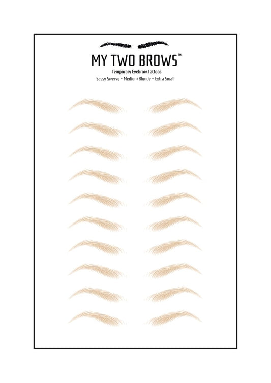 (10 pairs) Medium Blonde Temporary Eyebrow Tattoo - Extra Small Size - Waterproof & Smudgeproof - Sassy Swerve Style Eyebrow Stickers - Sheet Lasts up to 30 Days - Won't Work on Existing Brows