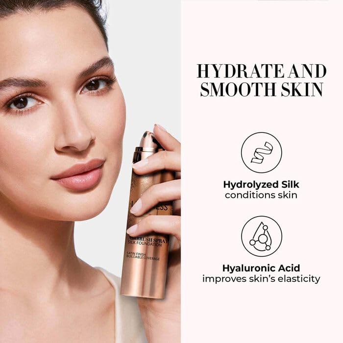 LUMINESS Silk Airbrush Spray Foundation & Buffing Brush Kit – Full Coverage Foundation & Dual-Sided Buffing Brush - Buildable Coverage, Anti-Aging Formula Hydrates & Moisturizes (Shade - Tan Dark)
