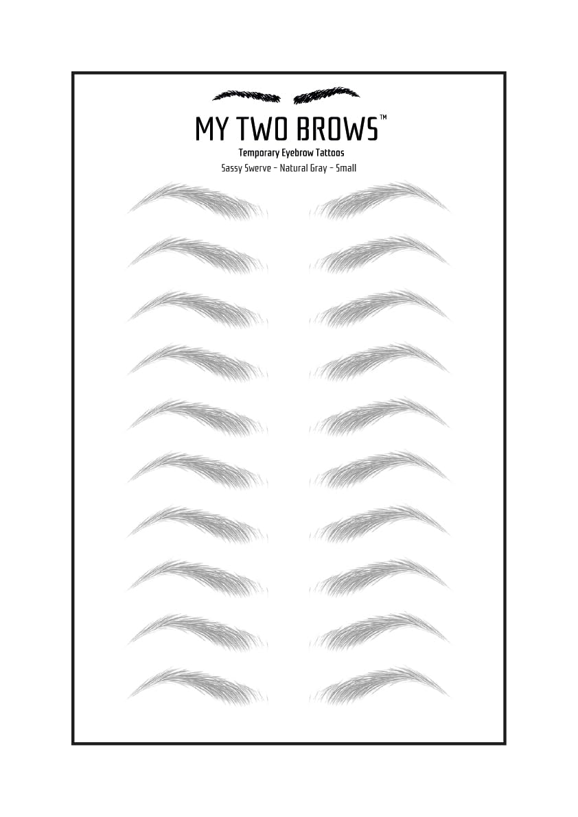(10 pairs) Natural Gray Temporary Eyebrow Tattoo - Small Size - Waterproof & Smudgeproof - Sassy Swerve Style Eyebrow Stickers - Sheet Lasts up to 30 Days - Won't Work on Existing Brows