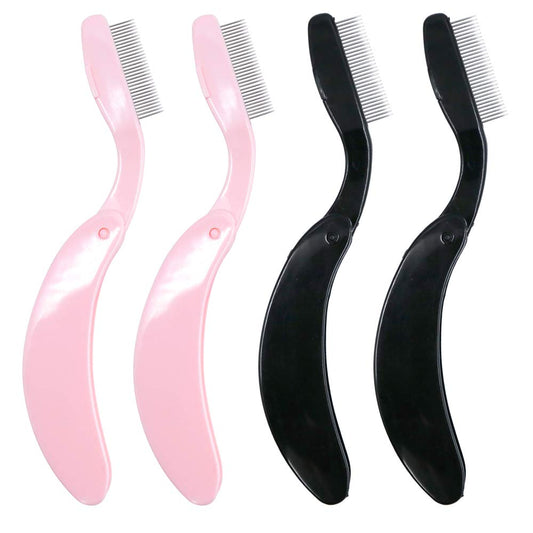 G2PLUS 4PCS Folding Eyelash Comb, Eyebrow Comb Metal Teeth, Eyelash Separator Comb, Eyelash Brush and Comb, Professional Tool for Define Lash & Brow (Pink+Black)