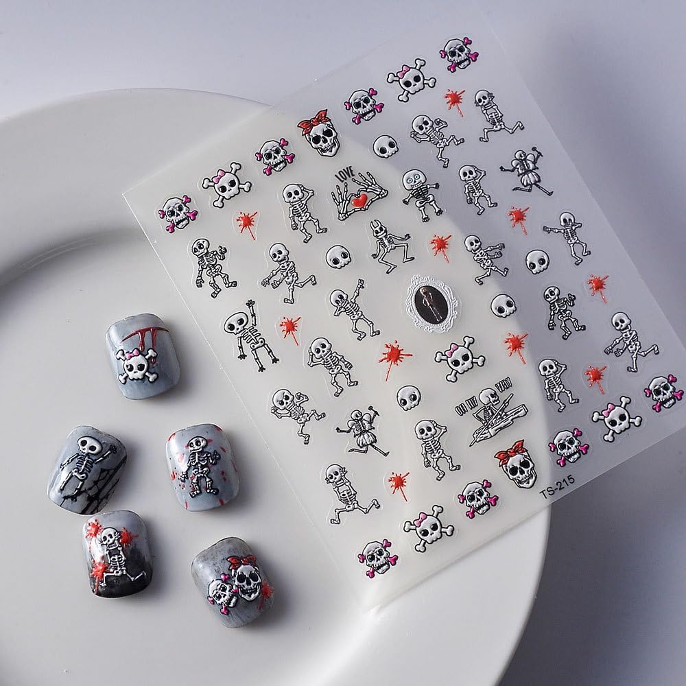 Halloween Nails Stickers Skeleton Nails Sticker 3D Embossed Red Blood Skull Self Adhesive Sticker Nail Decals Funny Skeleton Body Nail Art Decal Halloween Decals for Nail DIY Manicure 1Sheet