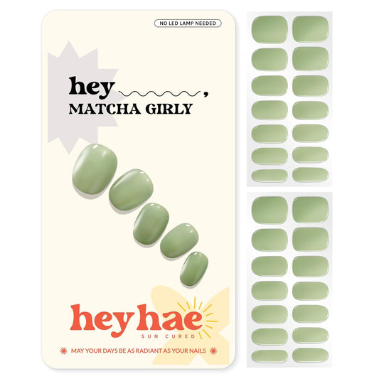 Semi Cured Gel Nail Strips | No LED Lamp Needed | Solid, Green, Spring | Easy Apply & Remove, Salon Quality | Includes 28 Strips, 1 Prep Pads, Nail File & Wooden Stick - Hey, Matcha Girly