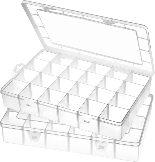Large 24 Grids Plastic Organizer Box Adjustable Dividers,Clear Storage Box for Jewelry, Art DIY Crafts, Washi Tapes, Beads and Small Parts(2 Pack)