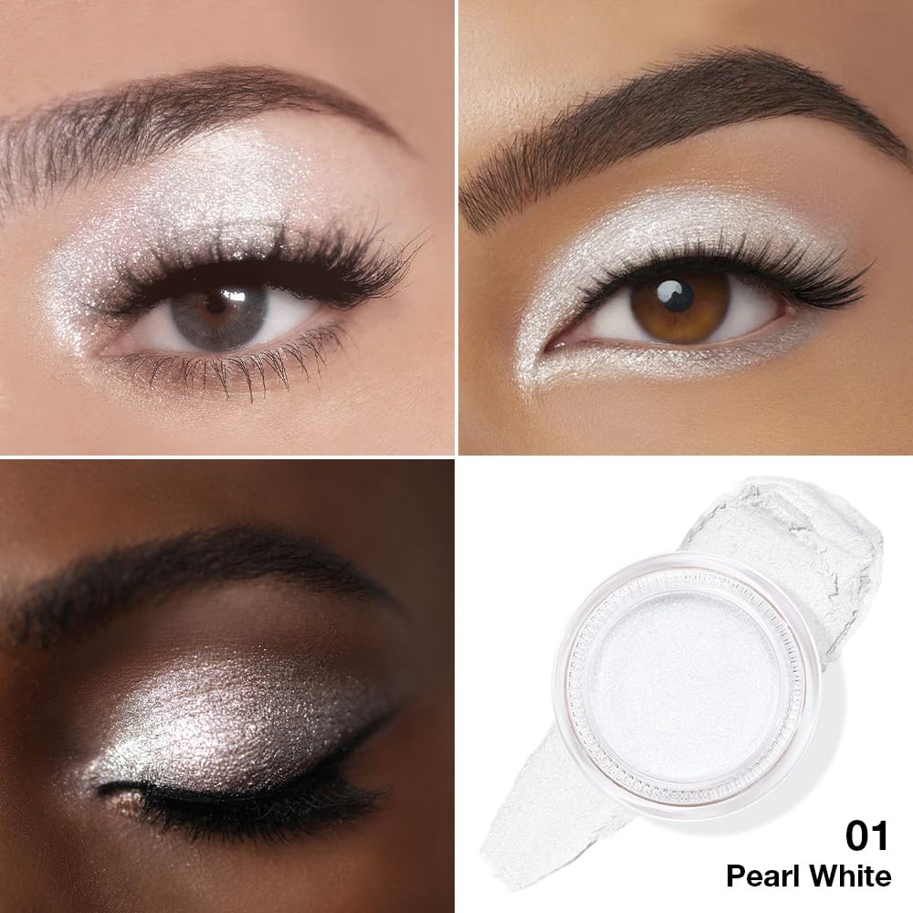 evpct Single Cream Eye Shadow Palette Pot Makeup for Older Women, Pearl White Sparkle Shimmer Glitter Metallic Monochrome Cream to Powder Eyeshadow Palette Eye Brightener, High Pigment Waterproof