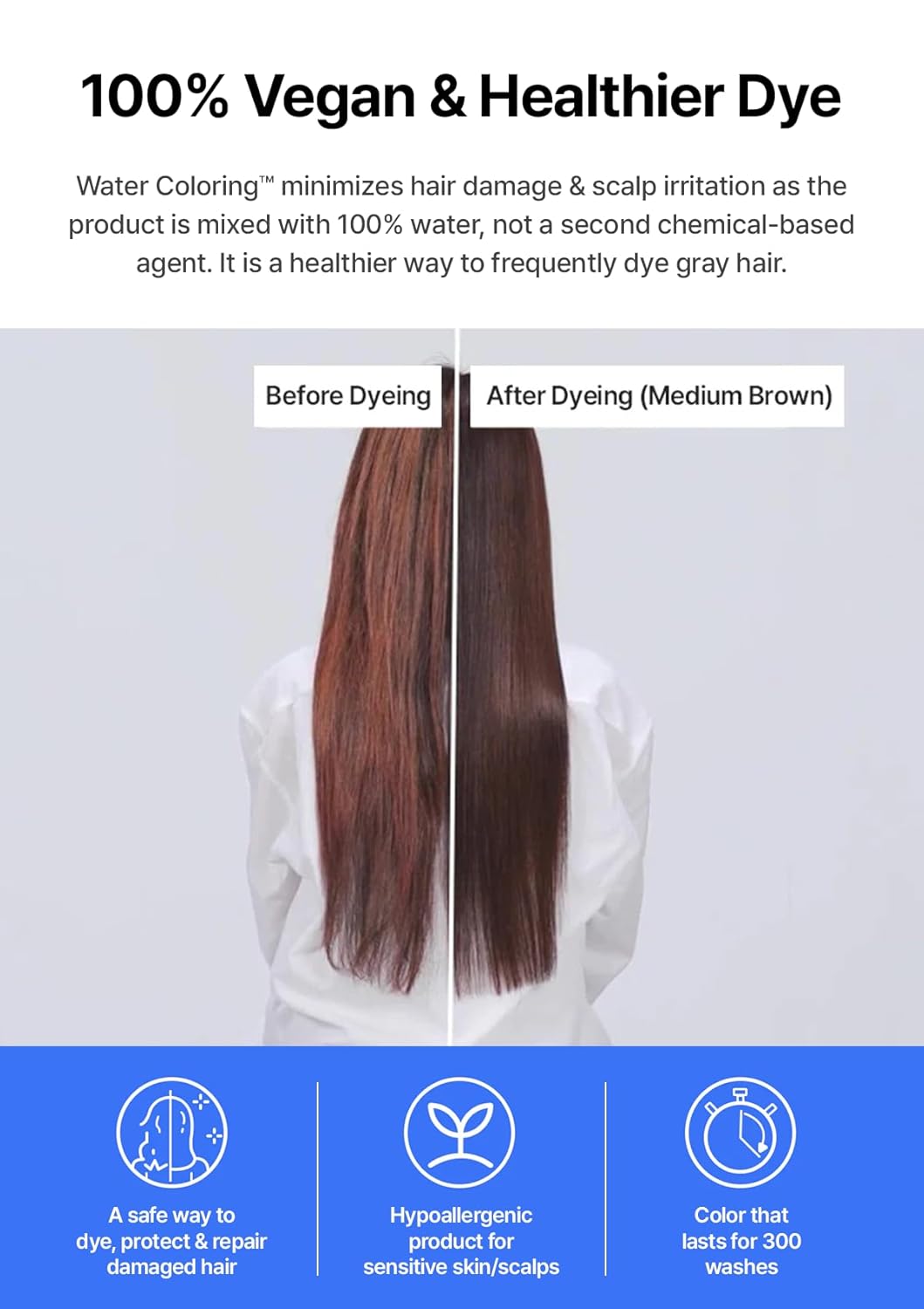 Korean Water Coloring for Gray Hair Coverage Dye, Wine Brown, 3 Packets, Quick & Natural Hair Tint, Vegan & Cruelty-Free Gray Cover, For All Hair Types, 30g (1.05 oz)