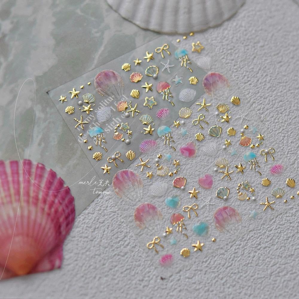 Laser Pearl Seashell Nail Stickers 5D Embossed Silver Gold Ocean Nail Decals 3D Self-Adhesive Starfish Nails Supplies Jellyfish Nails Designs Summer Nail Art Decoration for Women DIY Manicure 2 Sheets