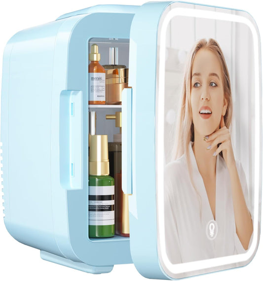 YASHE Skincare Fridge Mini Fridge for Bedroom with Dimmable LED Mirror, 4Liter/6 Cans Cooler and Warmer for Makeup, Cosmetic, Beauty, Portable Refrigerator for Bedroom, Vanity, Office and Car- Blue