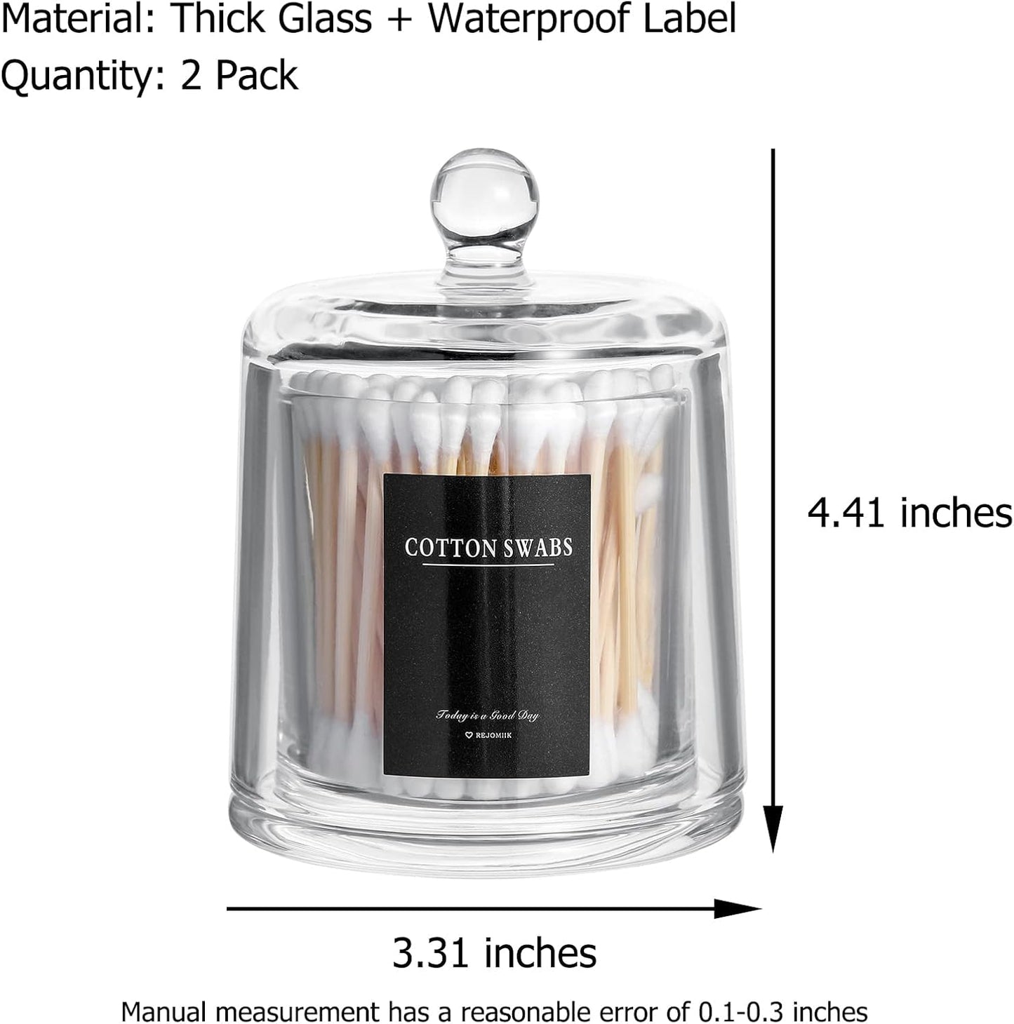 rejomiik Qtip Holder Thick Glass Apothecary Jars with Lid for Bathroom Accessories Vanity Organizers and Makeup Storage for Cotton Ball, Swabs, Candy, Jewelry, Bathroom Decor, 2 Pack Clear