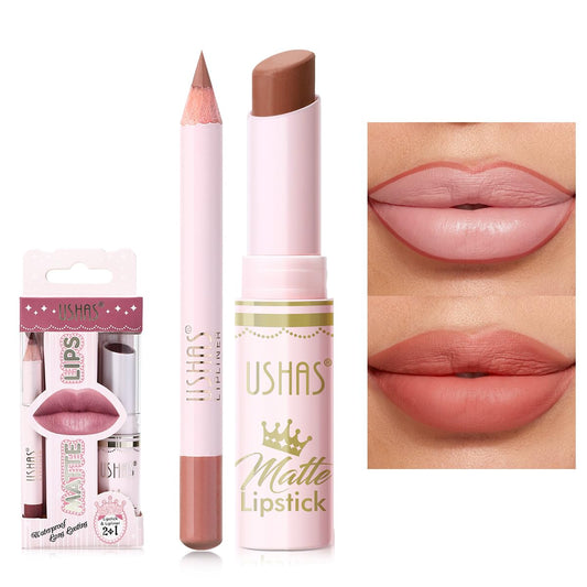 USHAS 2 in 1 Waterproof Lipstick and Lip Liner Combo Set - Long Lasting Matte Lipstick Pen with Liner Set Makeup Kit (S17, Pack of 1)