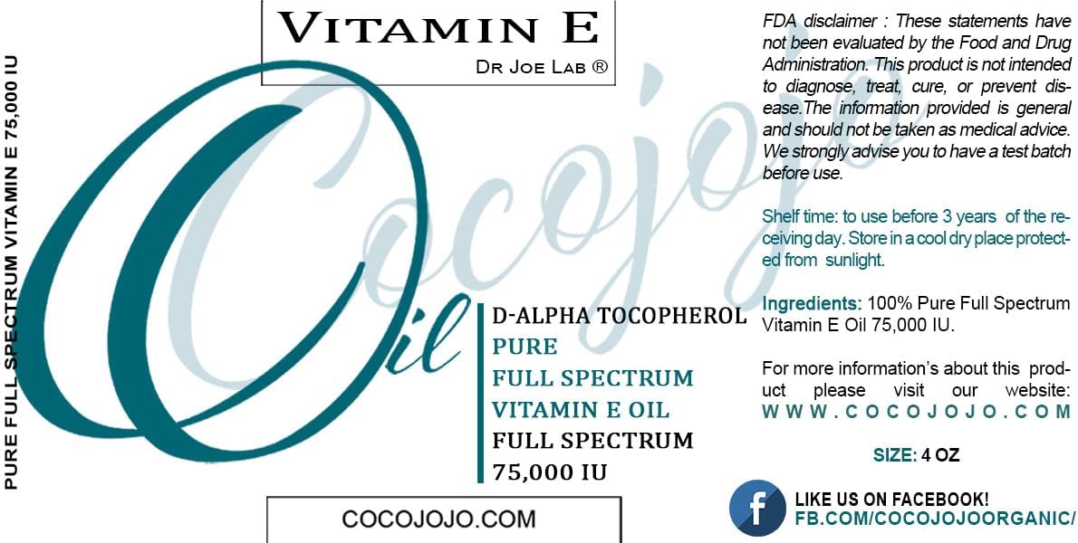 cocojojo Vitamin E Oil for Skin, Organic Vitamin E Oil for Hair, Face, Liquid Vitamin E, Vitamin E Body Oil, 100% Pure Natural Cold Pressed Unrefined, Moisturizes & Nourishes, Non GMO - 4 Oz