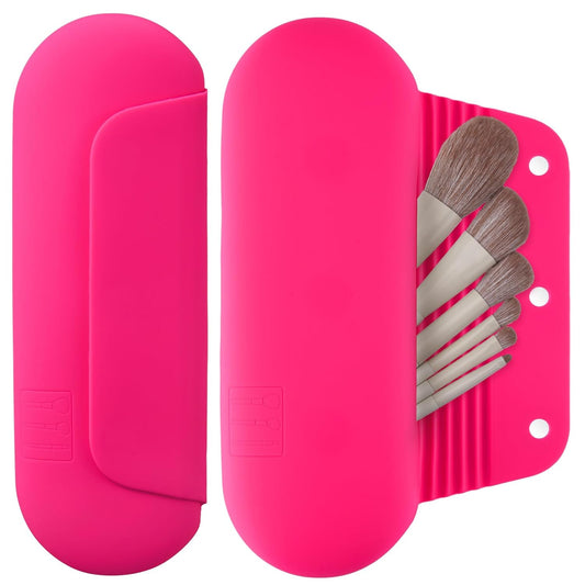 Silicone Makeup Brush Holder Travel Cosmetic Bag：Soft Portable Cosmetic Face Brushes Holder with Upgrade Anti-Fall Out Magnetic Closure, Large Travel Makeup Brush Case - Babbie Pink