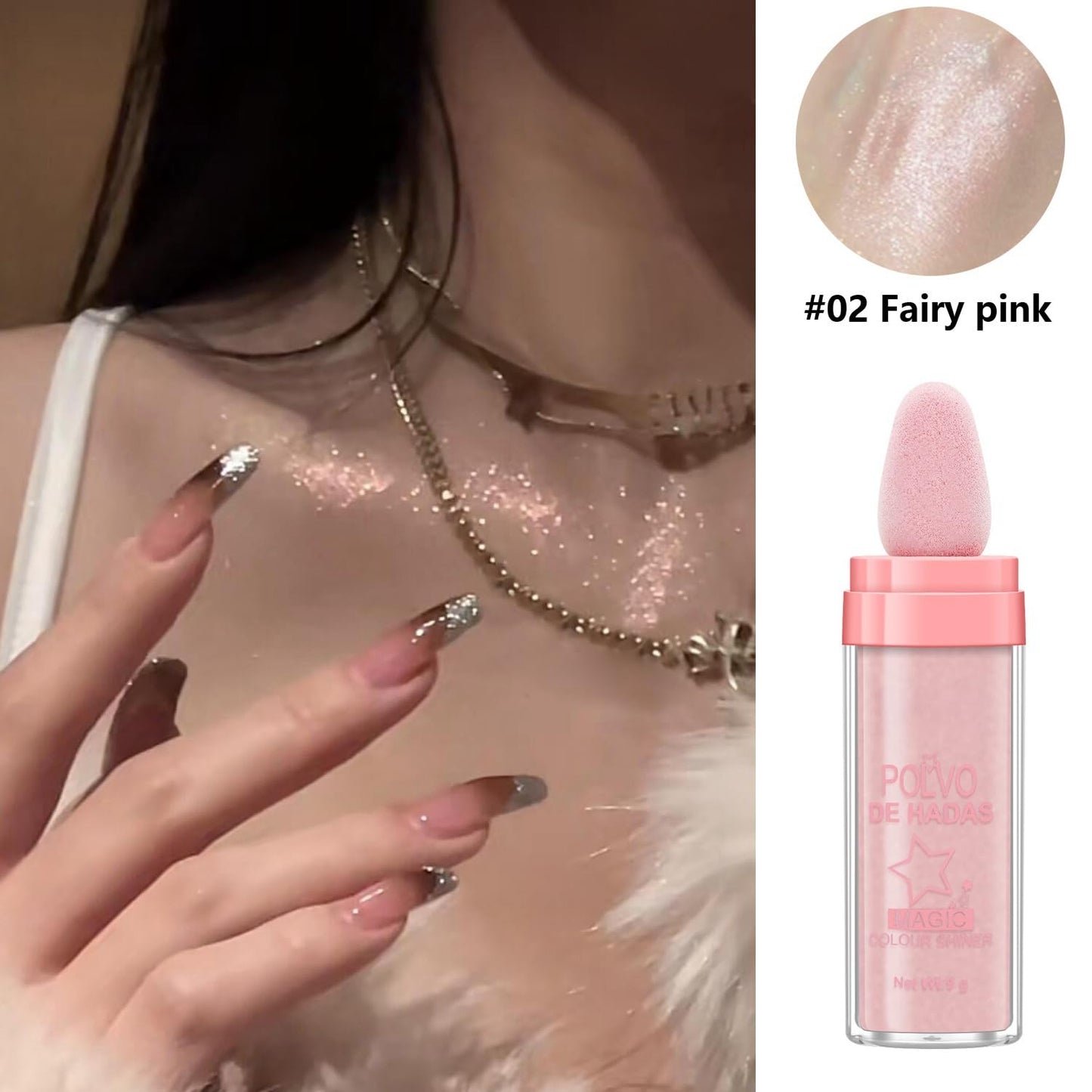 Polvo De Hadas Fairy Dust Highlight Patting Powder - Full Body Contouring and Clavicle Pearlescent Patting Powder for Face and Eye, Christmas Sparkling Body Glitter (#02 Fairy Pink)