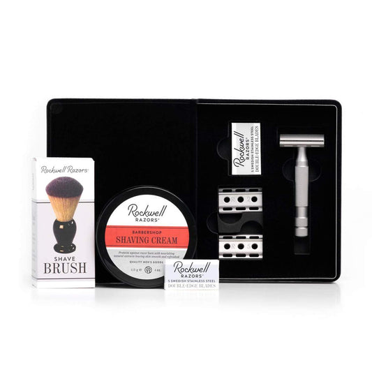 ROCKWELL RAZORS 6S Shave Kit, Matte Stainless Steel Razor, Shave Cream, Faux-Badger Brush and Blades