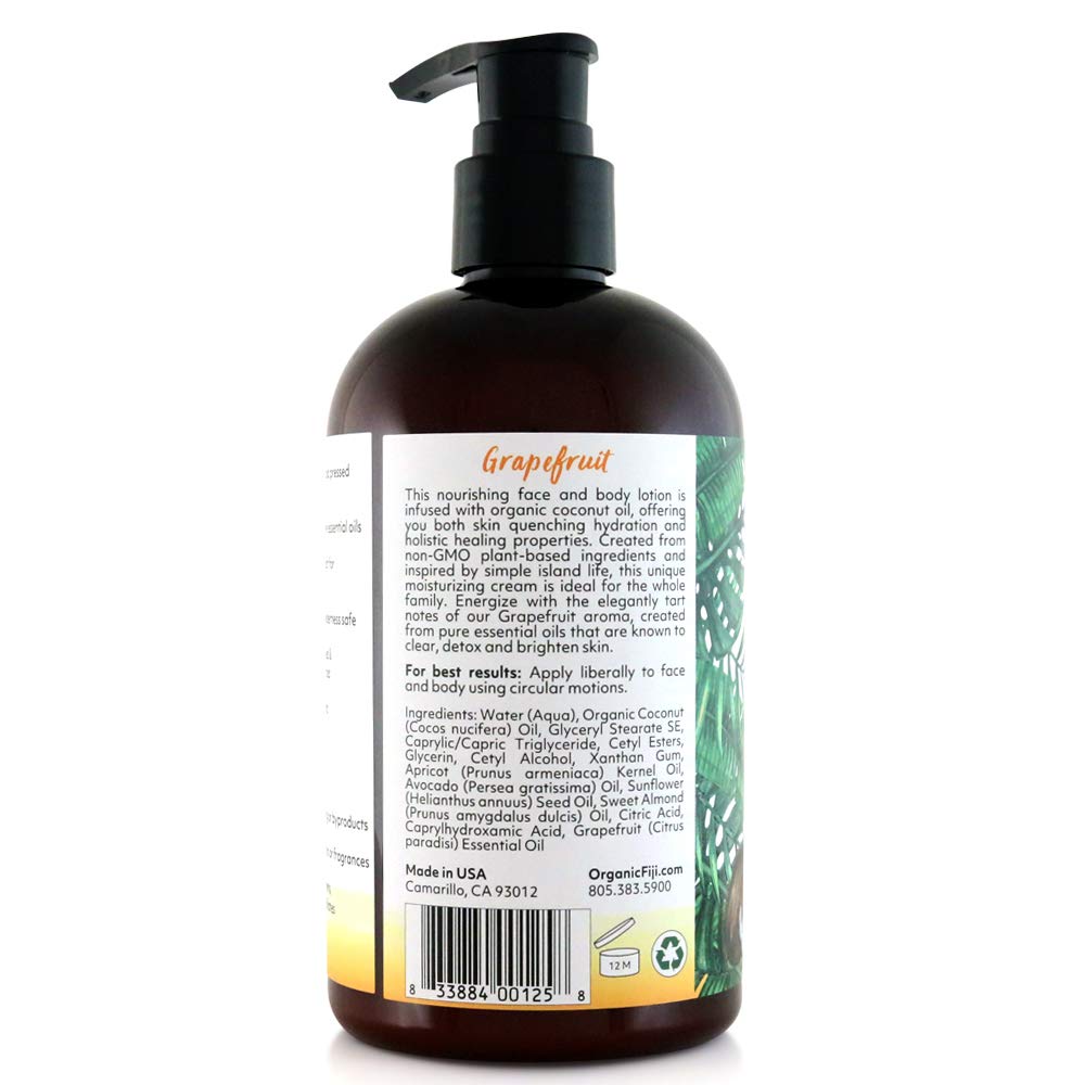 Coco Fiji Face & Body Lotion Infused With Coconut Oil | Lotion for Dry Skin | Moisturizer Face Cream & Massage Lotion for Women & Men | Grapefruit 12 oz, Pack of 1