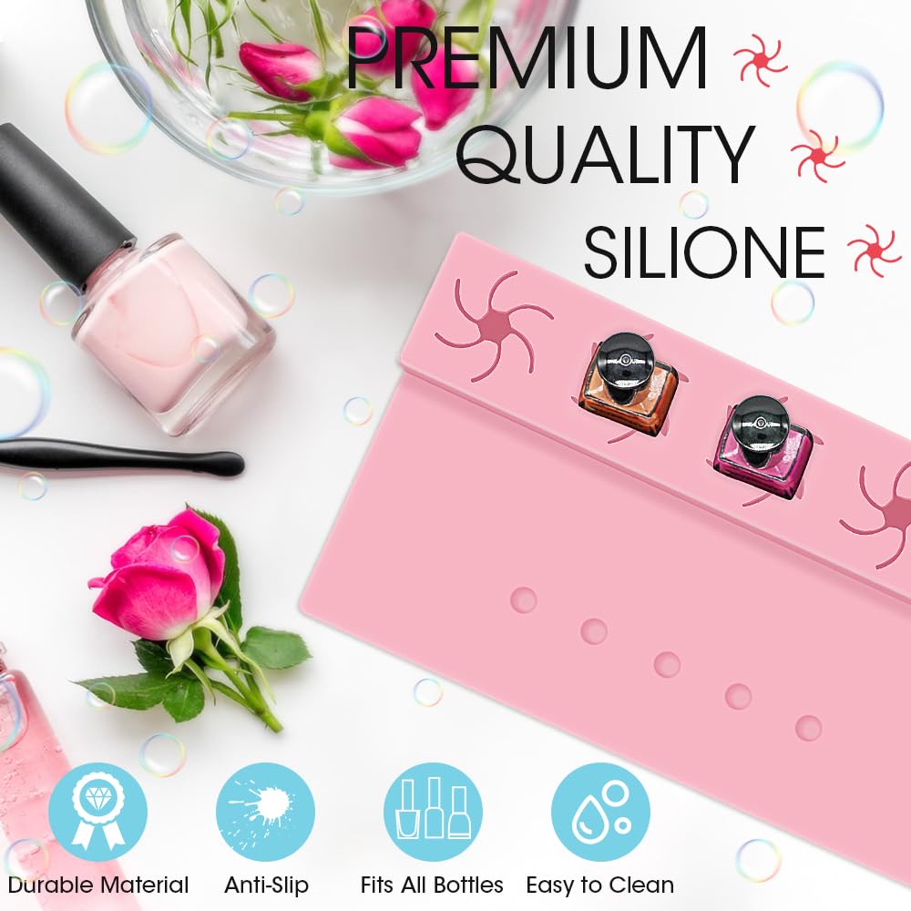 Nail Polish Holder, Silicone Hand Rest Mat Fingernail Painting Tools 2 in 1 Art Accessories Organizer Case Set with Anti-Spill Bottle Stand and Finger Separators for Pedicure Manicure-Pink