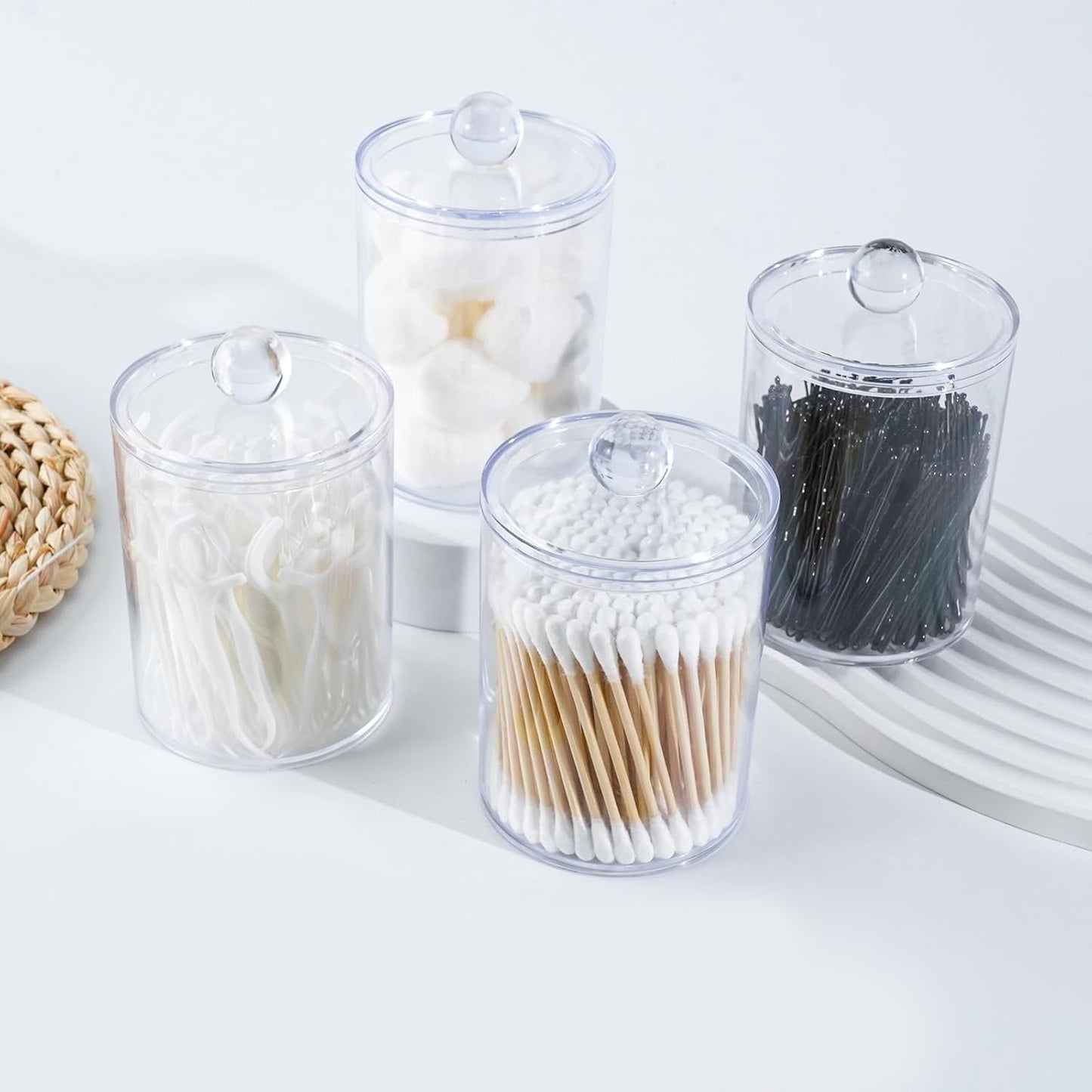 4 Pack Qtip Holder,Canister Apothecary Jar Set, Bathroom Jars with Lids Set for Cotton Swabs, Balls, Pads, Floss Picks,10oz-12oz Plastic Canisters Restroom Bedroom Vanity Organizer