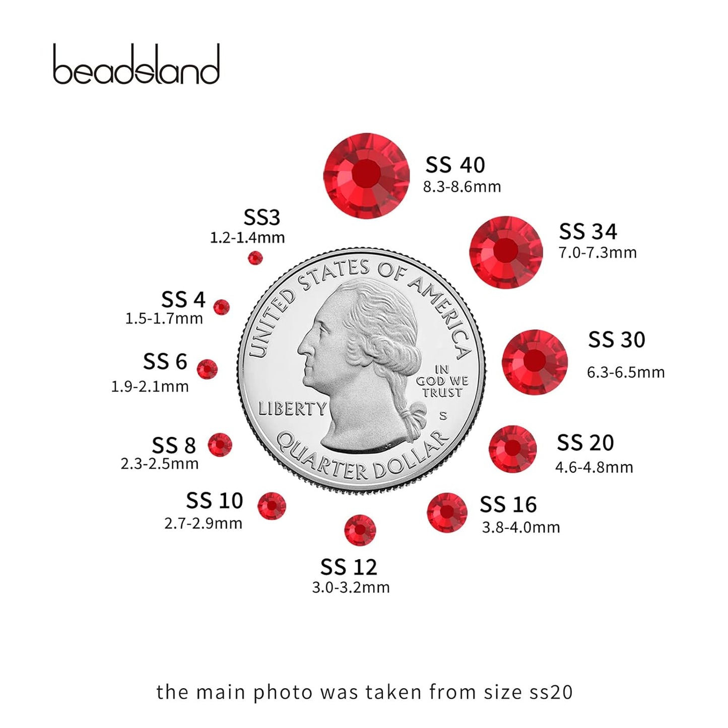 beadsland 288 Piece Flat Back Crystal Rhinestones Round Gems, 1.3mm-8.6mm, Light Siam (SS30(6.3-6.5mm))