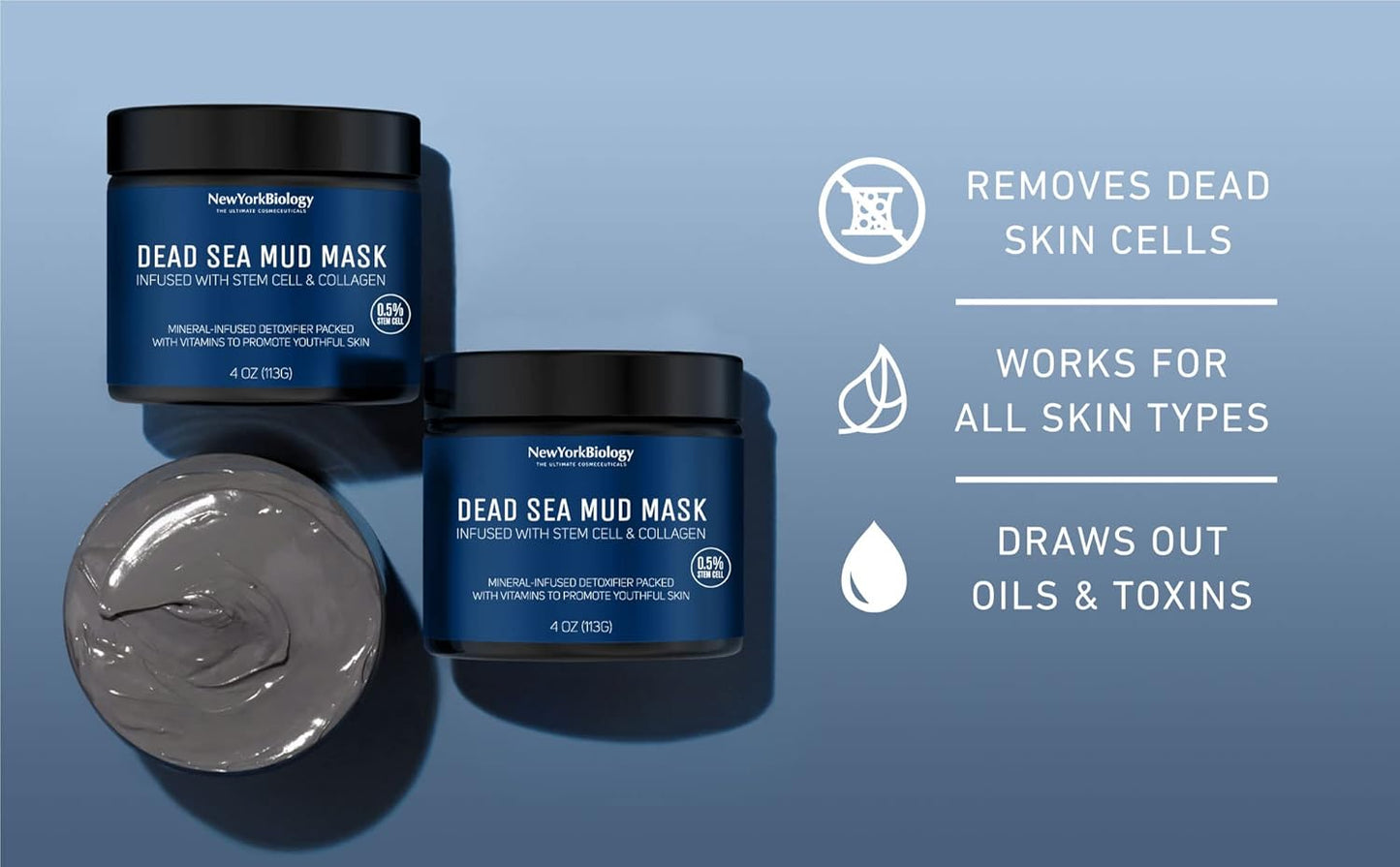New York Biology Dead Sea Mud Mask for Face, Body | with Stem Cell and Collagen | Spa Quality Pore Refiner for Oily Skin | Natural Skincare for Women, Men | Tighten Skin | 4 oz