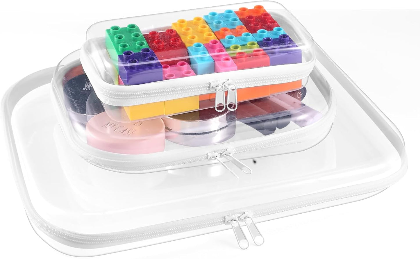 3Pcs Clear Zipper Pouch, PVC Plastic Cosmetic Travel Bag, Portable Travel Organizer Bins, Durable Makeup Bags for Toy Storage, Pencil Case(White-13.8+9.9+7.5inch)