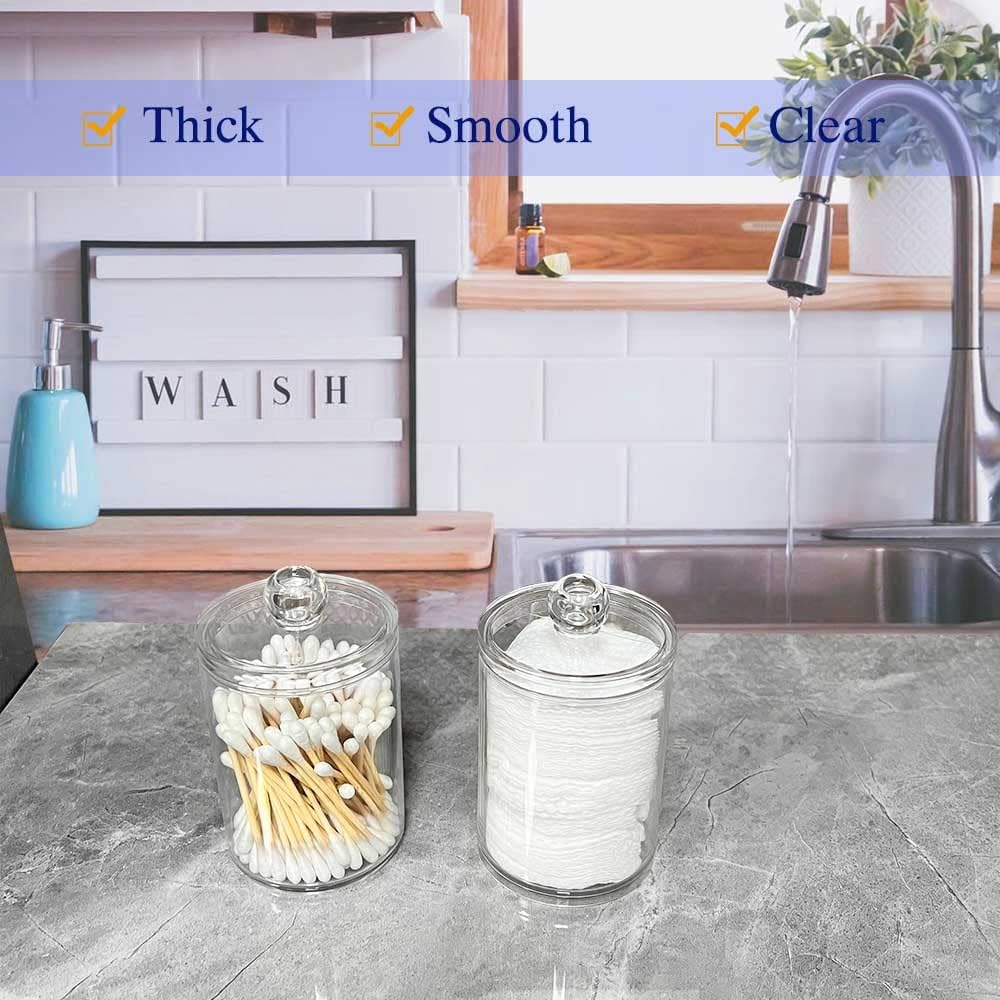 Qtip Holder Dispenser for Cotton Ball, Swab, Round Pads, Floss Picks - 10 oz Clear Plastic Apothecary Jar Set for Bathroom Canister Storage Organization, Vanity Makeup Organizer