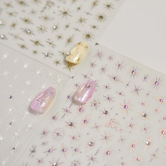 3 Sheets 5D Embossed Star Nail Stickers - Pink Gold White Glitter Shiny Design for DIY Manicure Decoration - Nail Art Supplies for Women